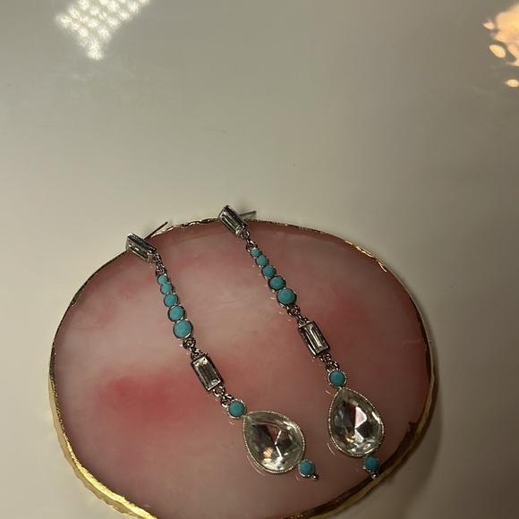 CRYSTAL DROP LONG EARRINGS WITH TURQUOISE BEADS - Picture 5 of 7